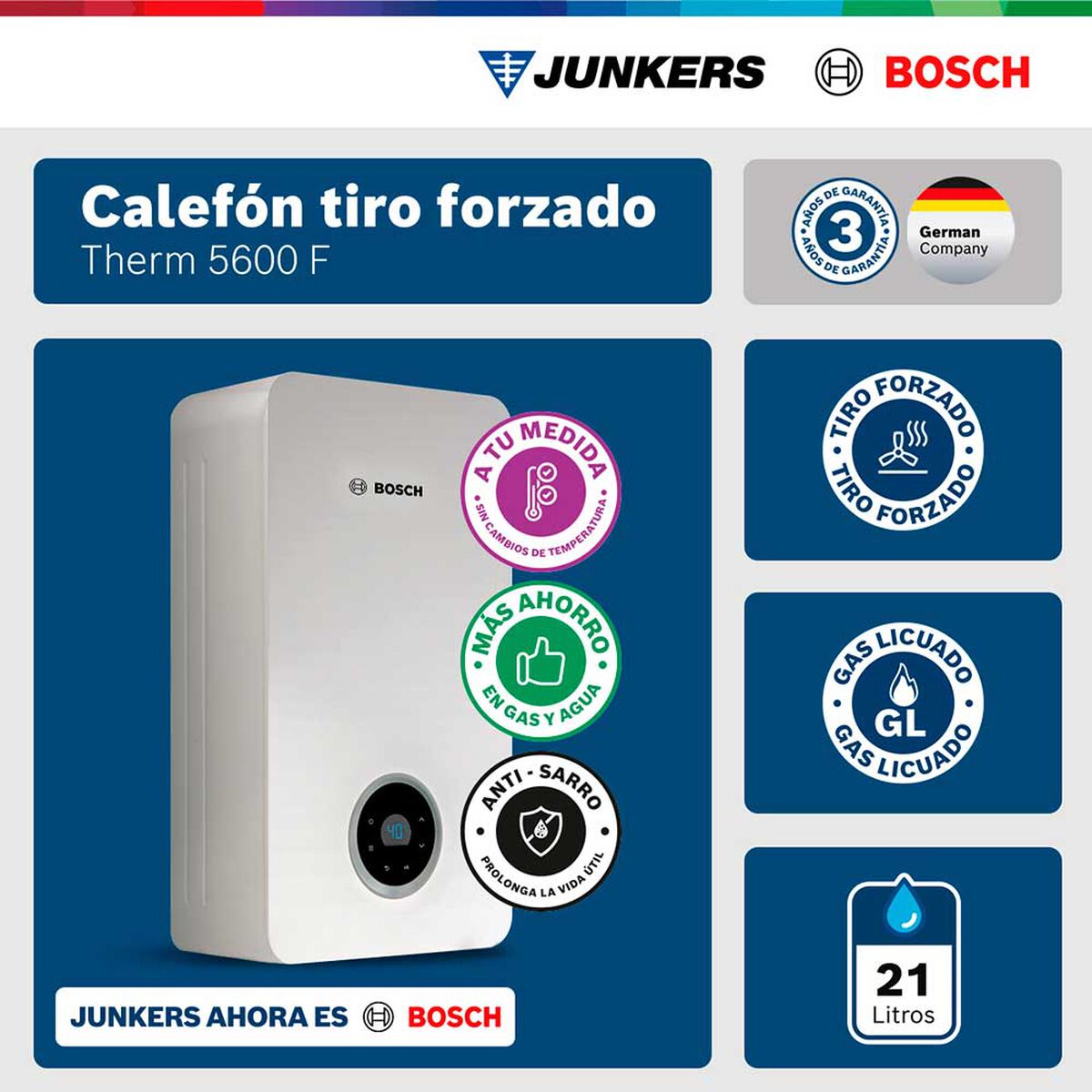 Calef&oacute;n 21 litros gas licuado tiro forzado Junkers Bosch Therm 5600 F