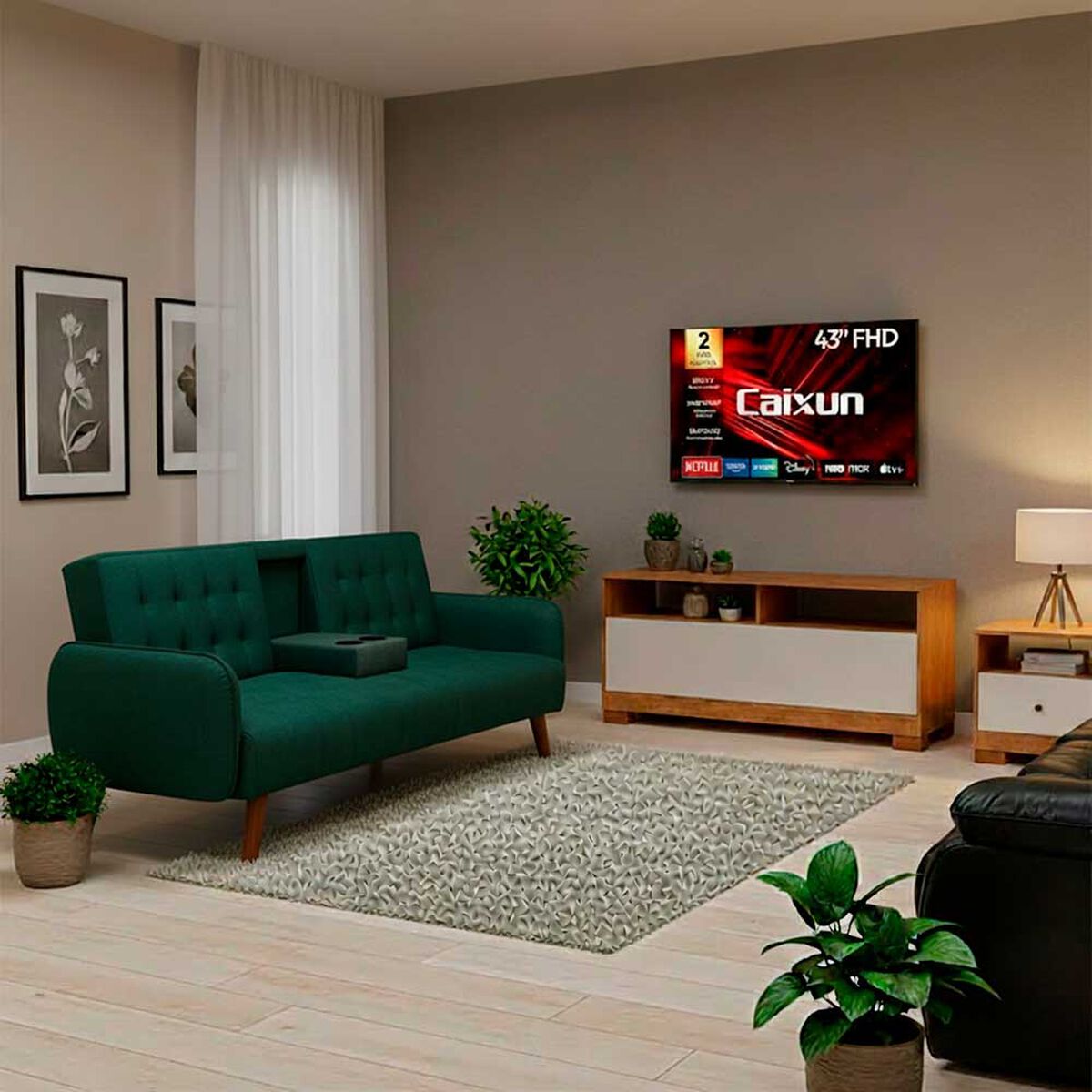 Combo Smart TV LED 43" Caixun FHD Roku C43V1FR + Rack TV Casanova  + Sof&aacute; Cama Casanova Renata 3 cuerpos Verde Piedra