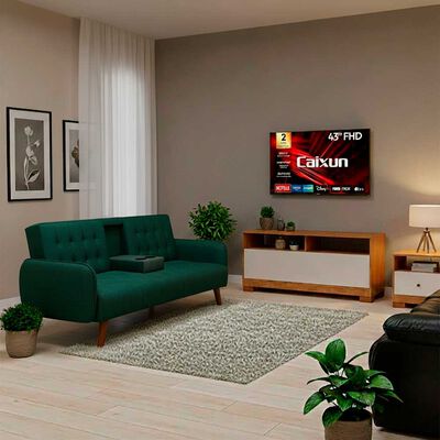 Combo Smart TV LED 43" Caixun FHD Roku C43V1FR + Rack TV Casanova C68IZA9000 Hasta 60" + Sof&aacute; Cama Casanova Renata 3 cuerpos Verde Piedra