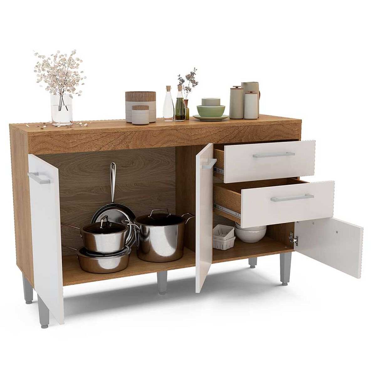 Mueble de Cocina Base Vekkahome Opie 2 Cajones 3 Puertas Gris