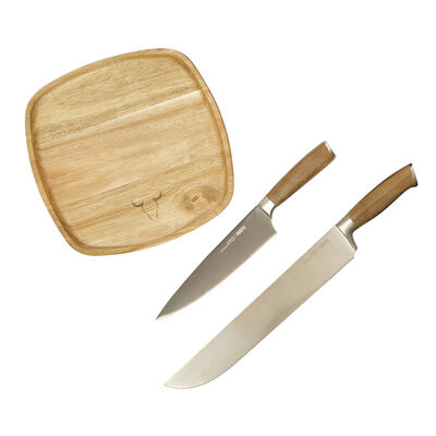 Set Parrillero Wayu Cuchillo Carnicero + Cuchillo Chef + Platos de Madera