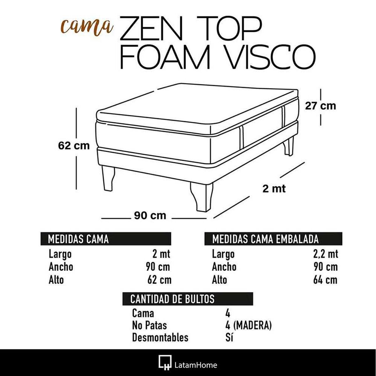 Cama Europea Latam Home 1 Plaza Zen Top Foam Visco Velvet Negro