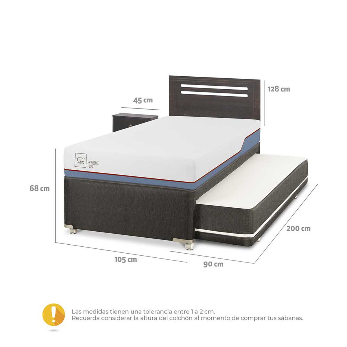 Cama Nido CIC 1,5 Plazas Excellence Plus + Respaldo + Velador Munich