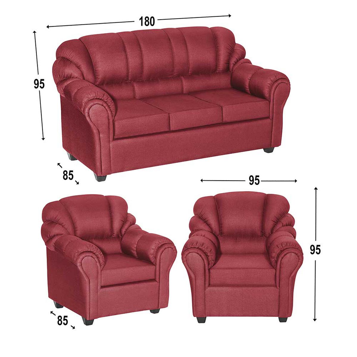 Juego de Living Muebles M&E Natoga Sofá 3 Cuerpos + Dos Sillones 1 Cuerpo Burdeo