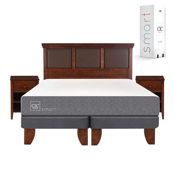 Cama Europea CIC Base Dividida 2 Plazas Smart + Respaldo + 2 Veladores New Torino Caramelo