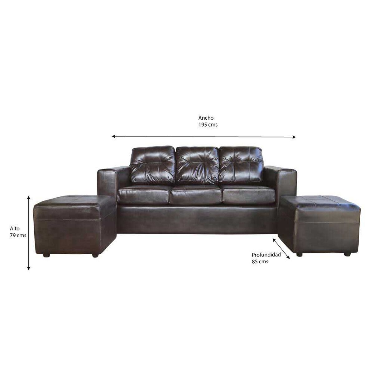 Juego de Living Kea Nize PU Sofá 3 Cuerpos + Dos Pouf 1 Cuerpo Café Moro