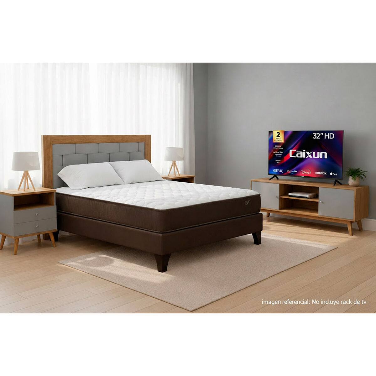 Combo Cama Europea Rosen 2 Plazas + Respaldo + Veladores + Pack Almohadas + Smart TV LED 32" Caixun HD