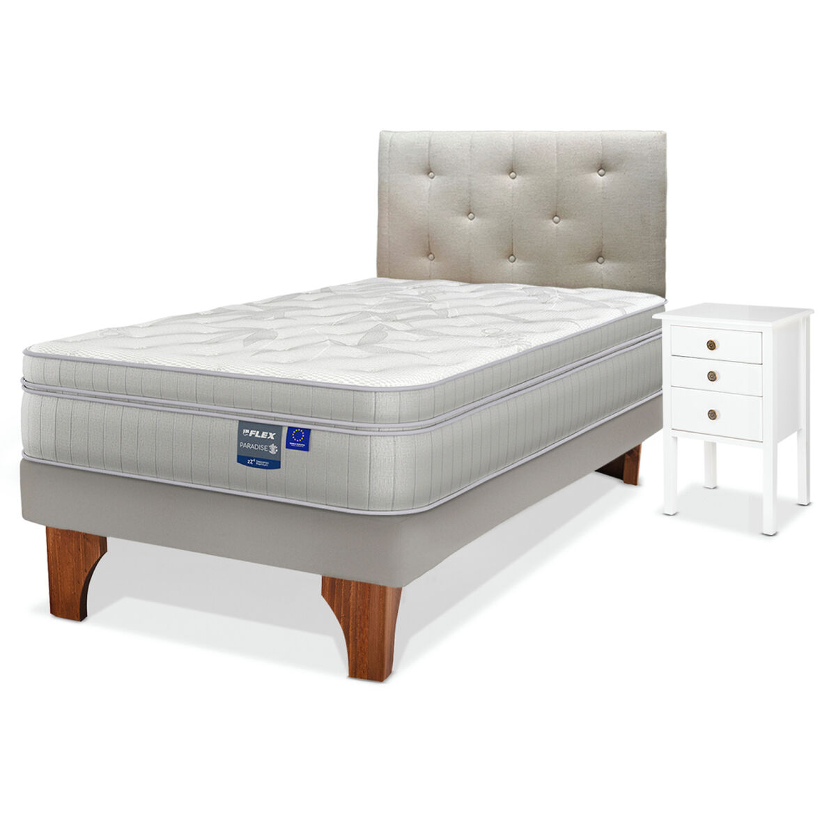 Cama Europea Arena Paradise 1.5 Plazas + Respaldo Almendra + Velador Roma
