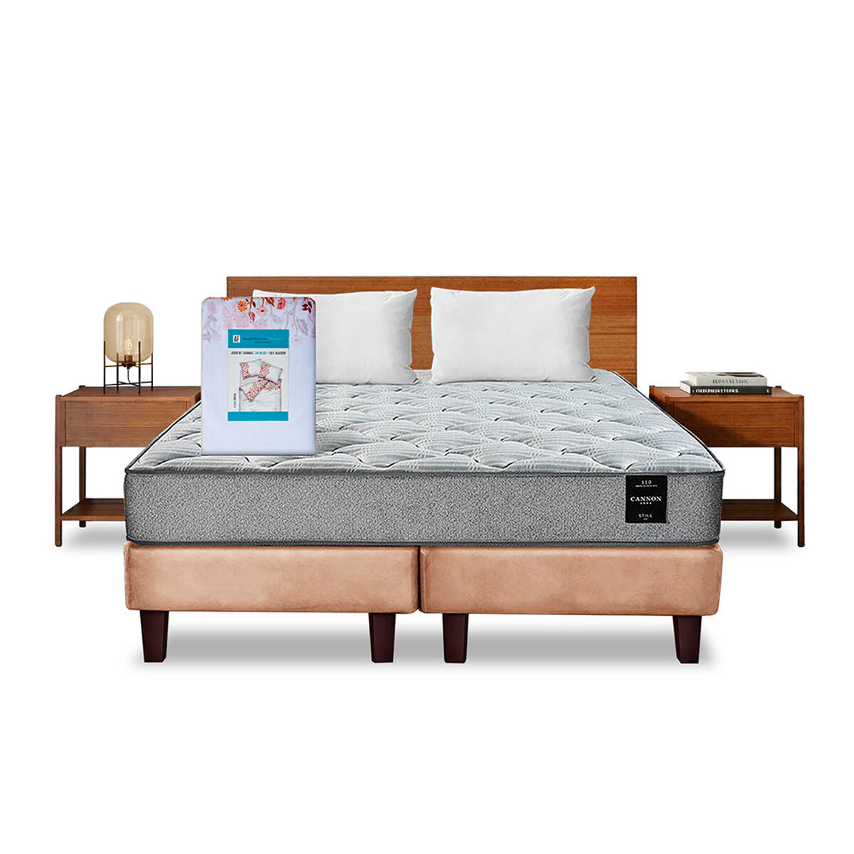 Combo Cama Europea Latam Home 2 Plazas Cannon BD Tela Beige + Textil + Respaldo + 2 Veladores Orion