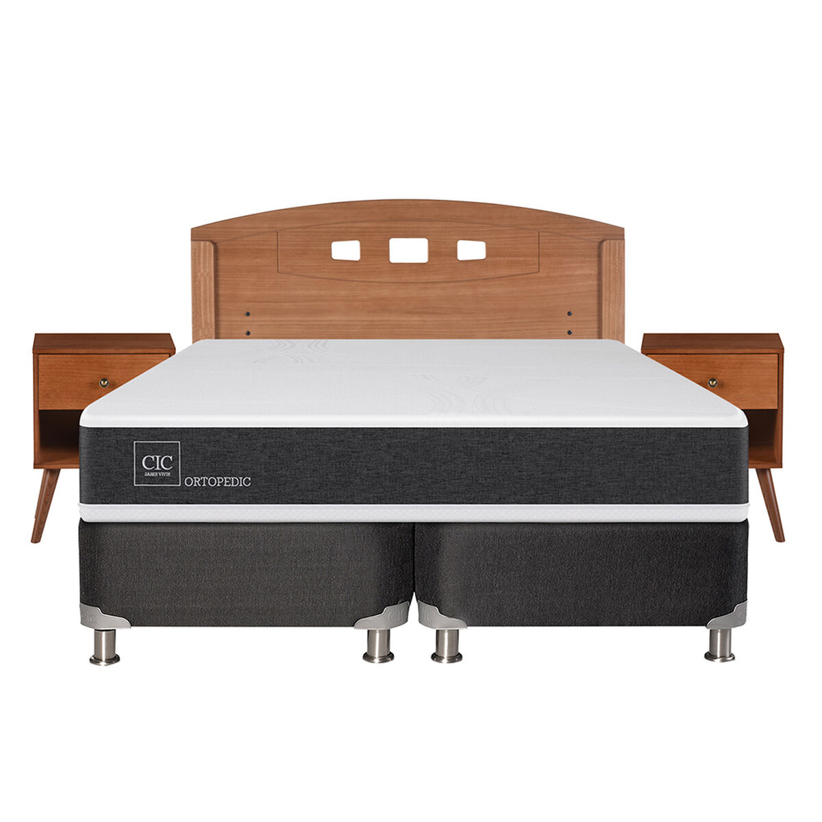 Box Spring CIC Base Dividida 2 Plazas New Ortopedic + Respaldo + 2 Veladores New Gales
