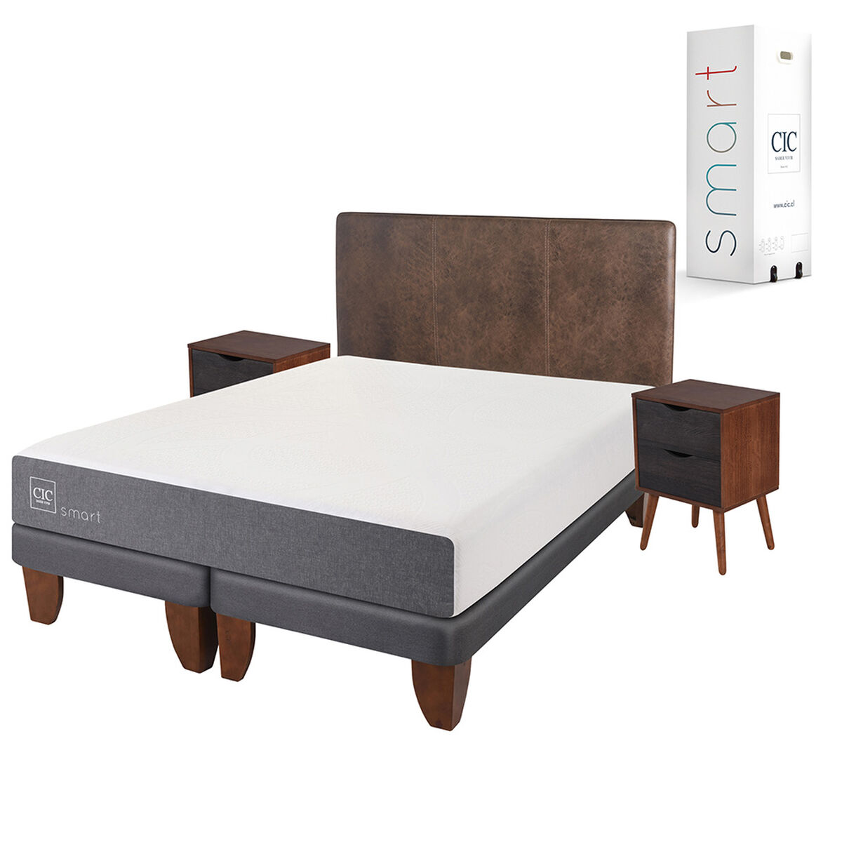 Cama Europea CIC Base Dividida King Smart + Respaldo + 2 Veladores Baker