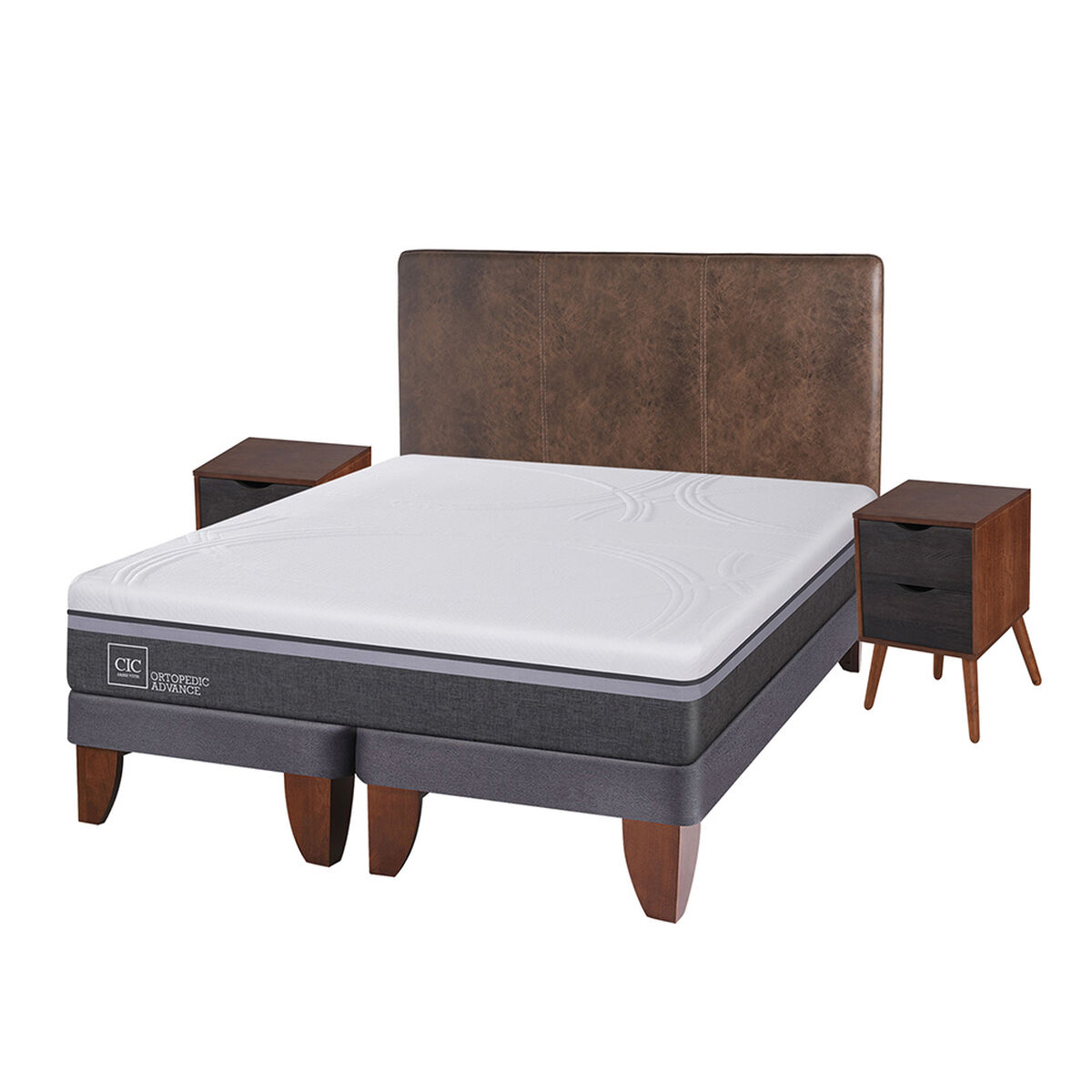Cama Europea CIC Base Dividida King Ortopedic Advance + Respaldo + 2 Veladores Baker