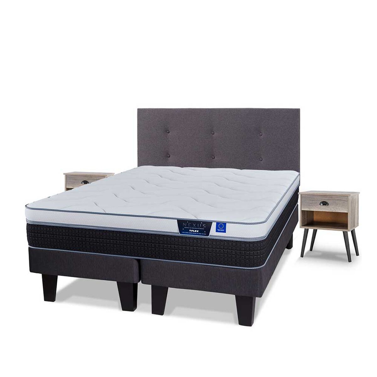Cama Europea Flex 2 Plazas Nexus Base Dividida + Respaldo Royal Grafito + Veladores Rock