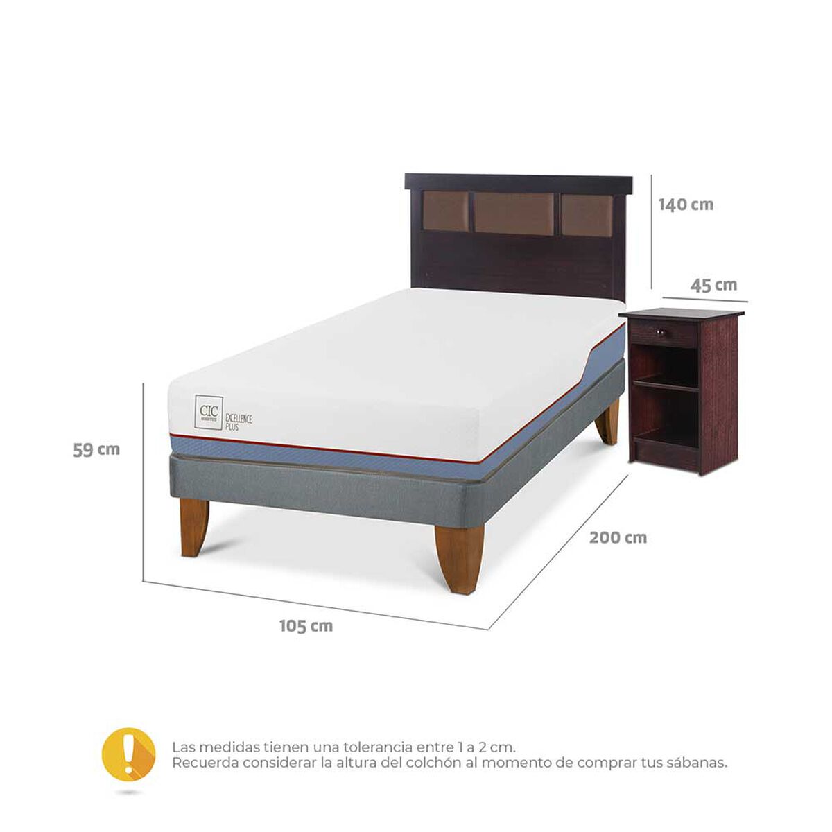 Cama Europea CIC 1,5 Plazas Excellence Plus + Respaldo + Velador New Dublin Choc