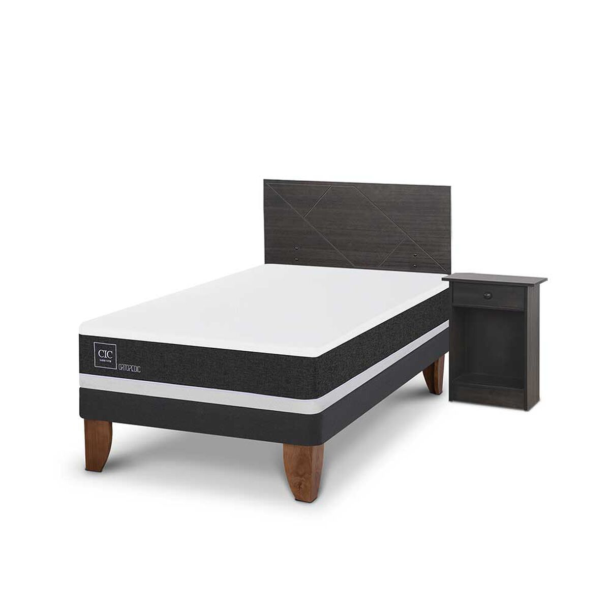 Cama Europea CIC 1,5 Plazas Ortopedic + Respaldo + Velador Villarrica