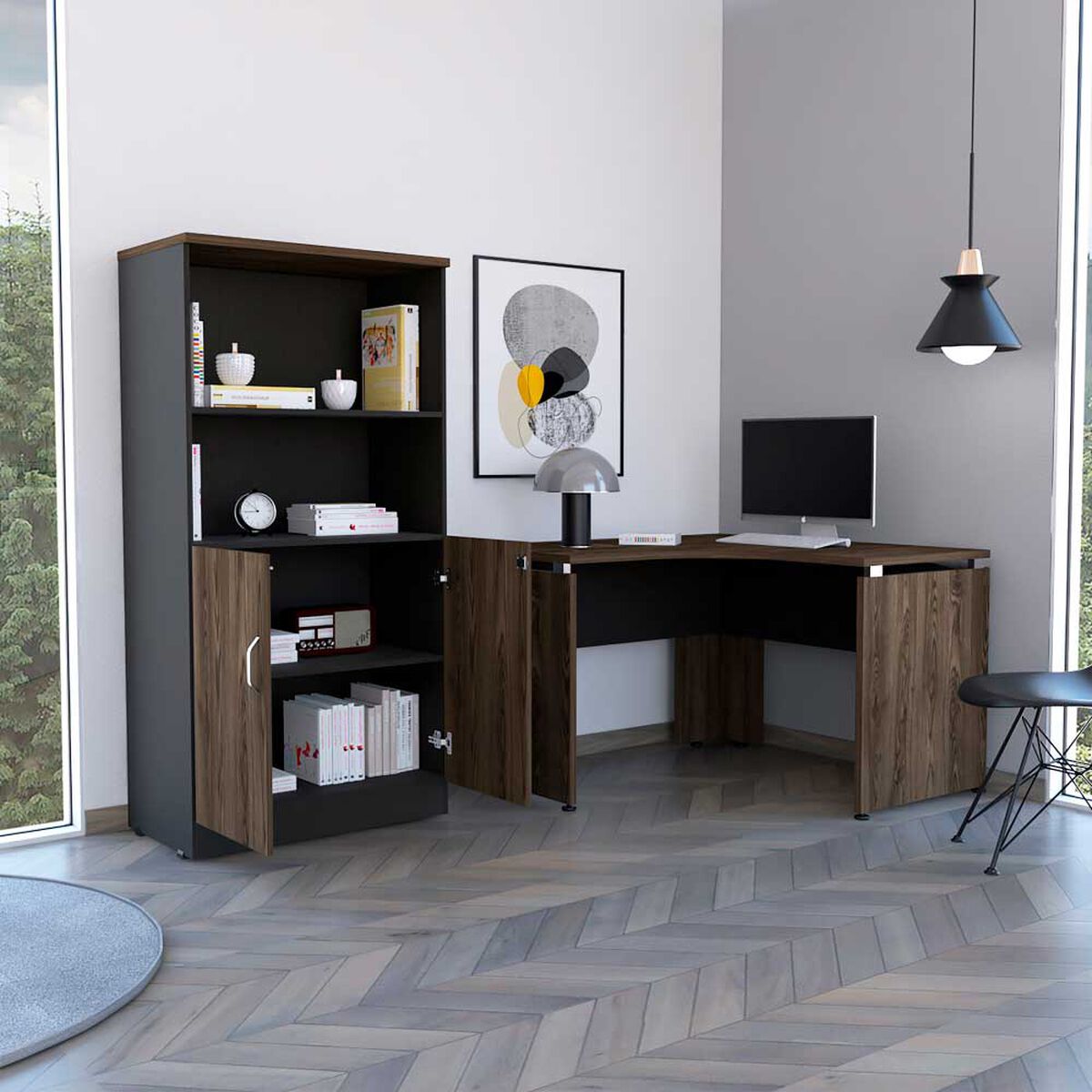 Combo Escritotio + Biblioteca 2 Puertas TuHome Home Office Negro Soft-Coñac