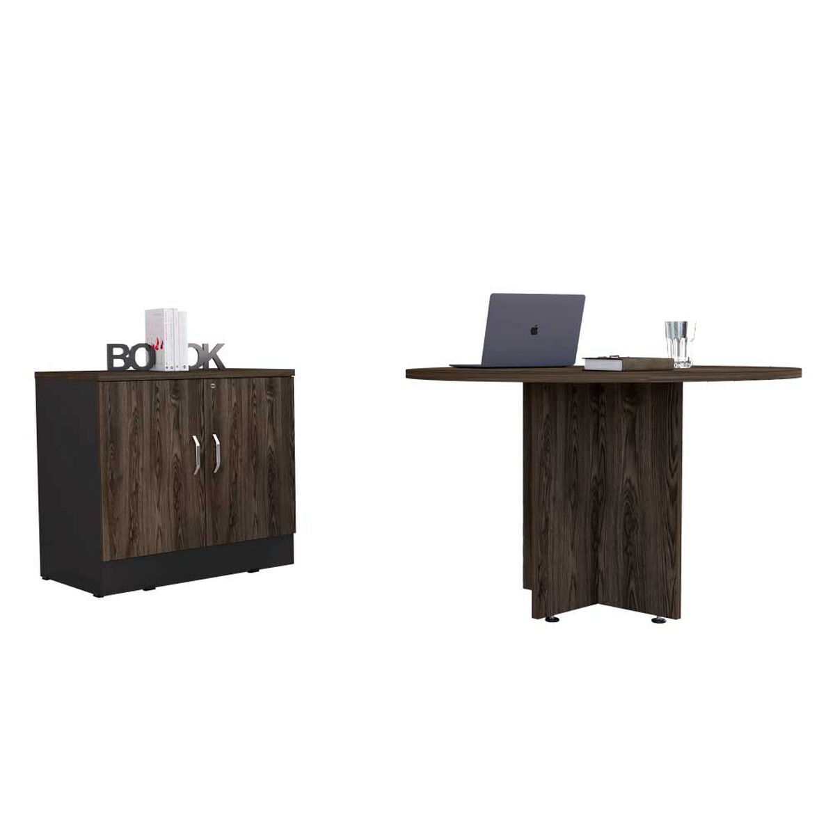Combo Mesa Redonda + Cajonera 2 Puertas TuHome Home Office Negro Soft-Coñac