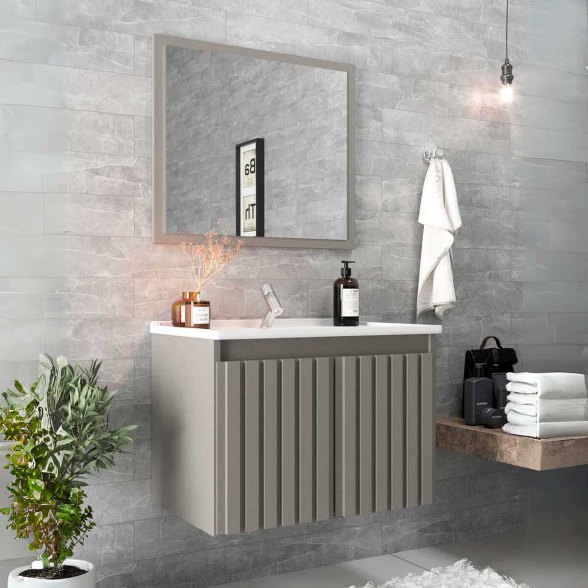 Combo Baño Vanitorio + Espejo Home Mobili Barra Gris
