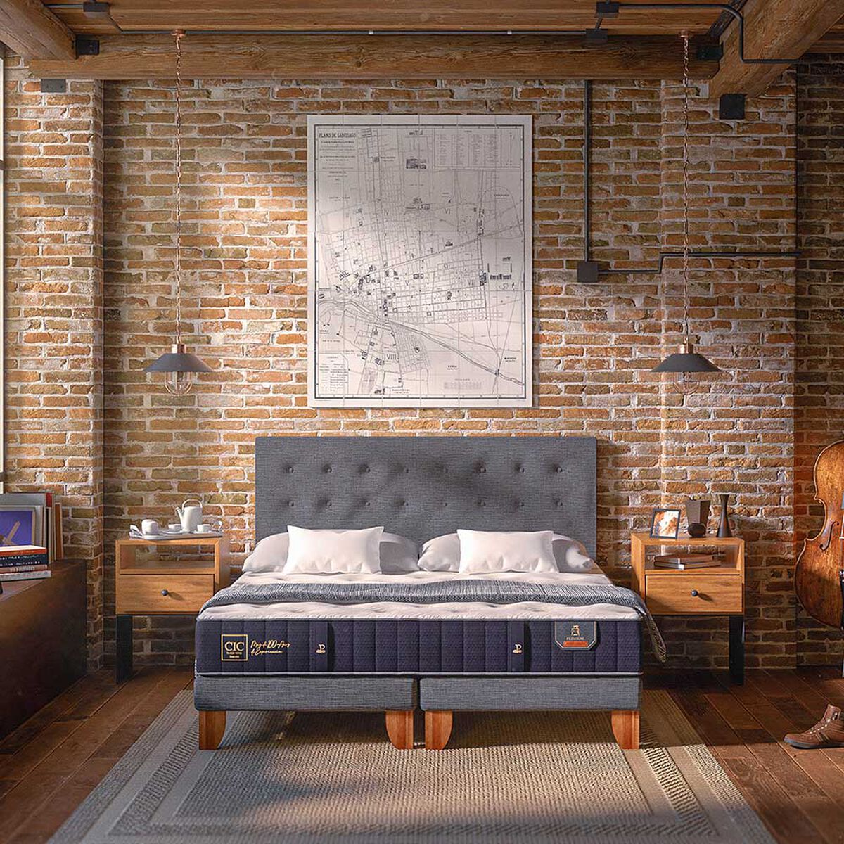 Cama Europea CIC Base Dividida 2 Plazas Premium + Respaldo + Veladores
