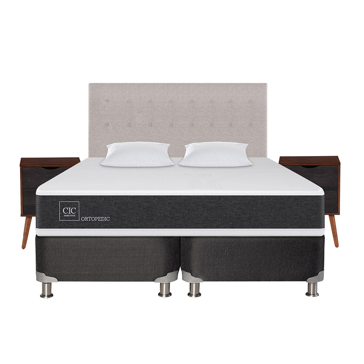 Box Spring CIC Base Dividida King New Ortopedic + Respaldo + 2 Veladores + Almohada Tigris