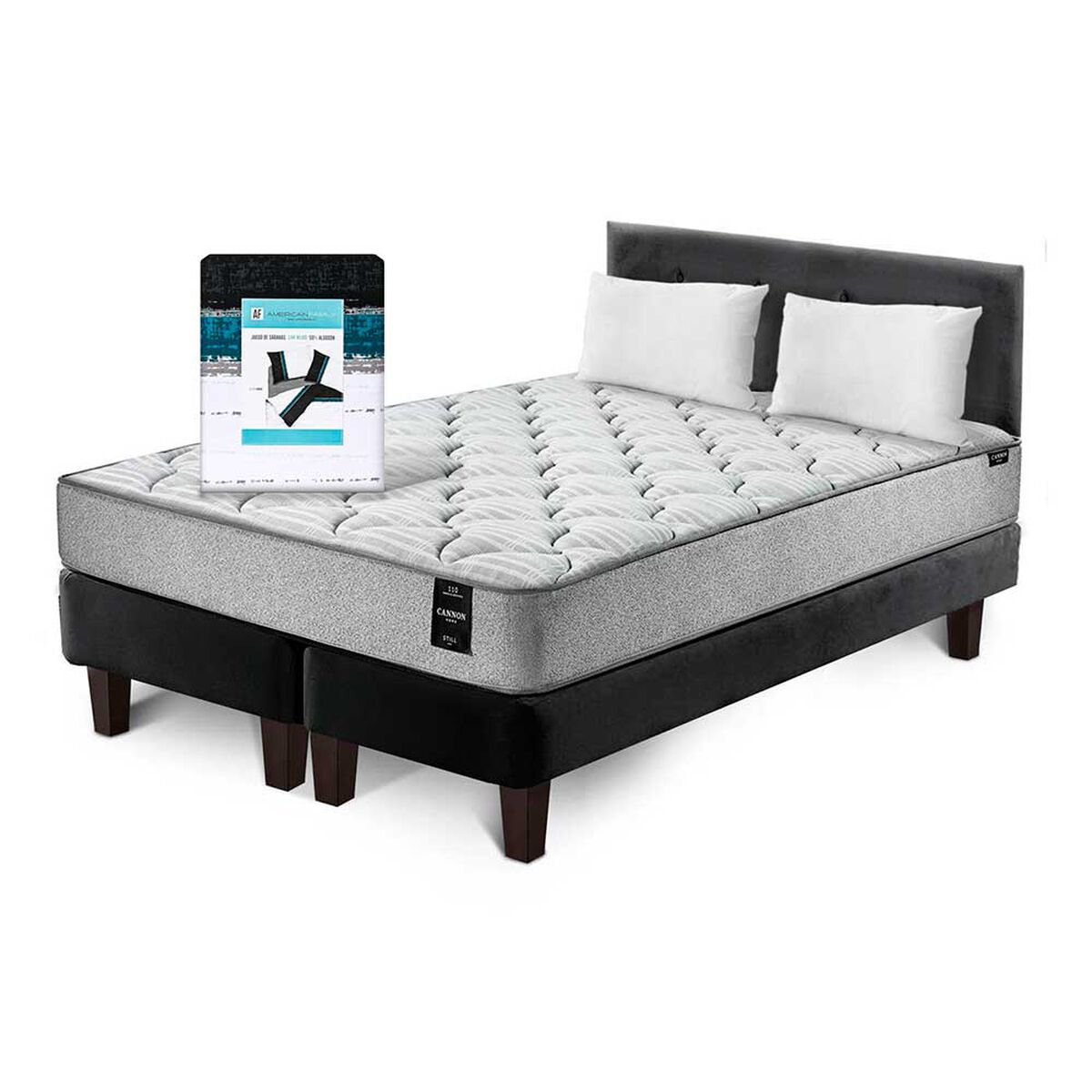Cama Europea Latam Home Base Dividida 2 Plazas Cannon + 2 Almohadas + Sábanas + Respaldo Tela Negro
