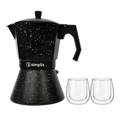 Pack Cafetera Italiana + Set 2 Tazas Expreso 80 ml Simplit Negro