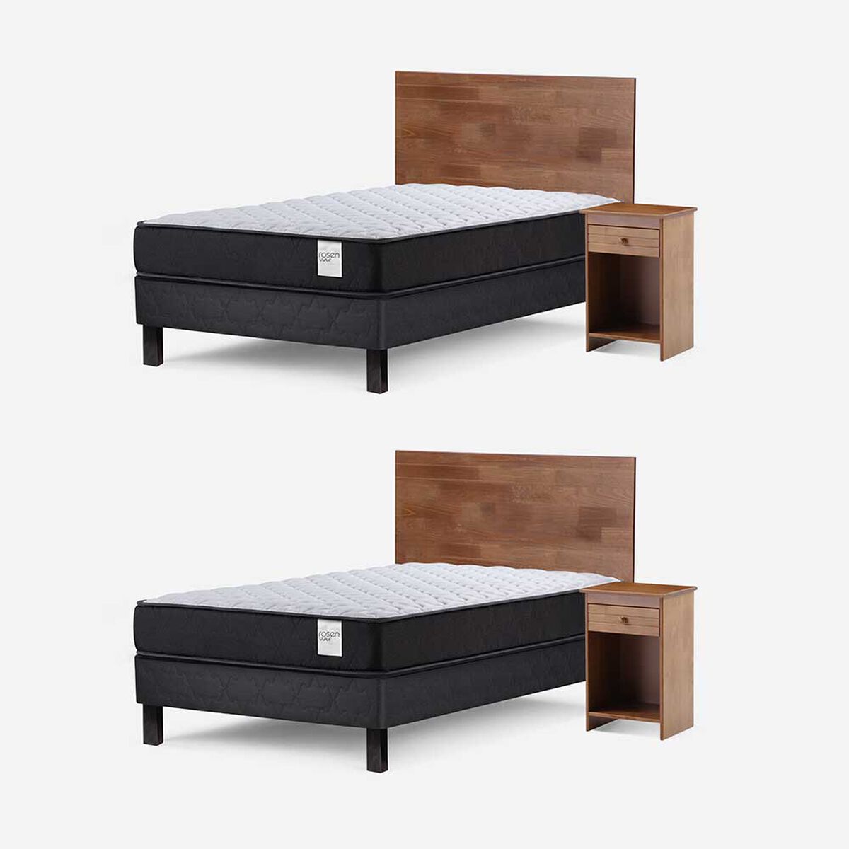 Camas Europeas Dúplex Rosen 1,5 Plazas Wave + Respaldo + Velador Tabor Caramelo