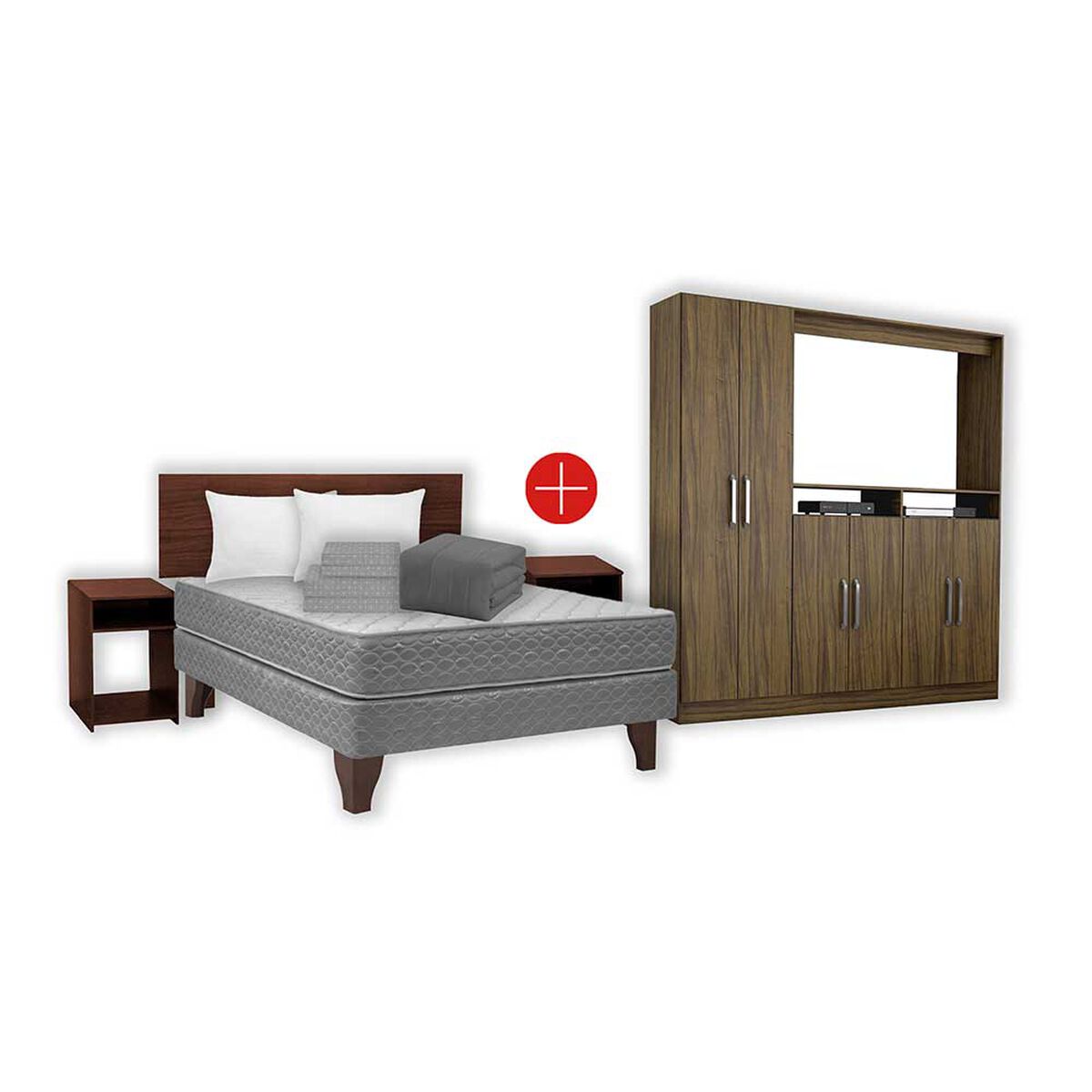 Combo Cama Europea Celta 2 Plazas New Atlantis + Cl&oacute;set TV Casanova + Respaldo + 2 Veladores + Set textiles + Pack 2 Almohadas Celta
