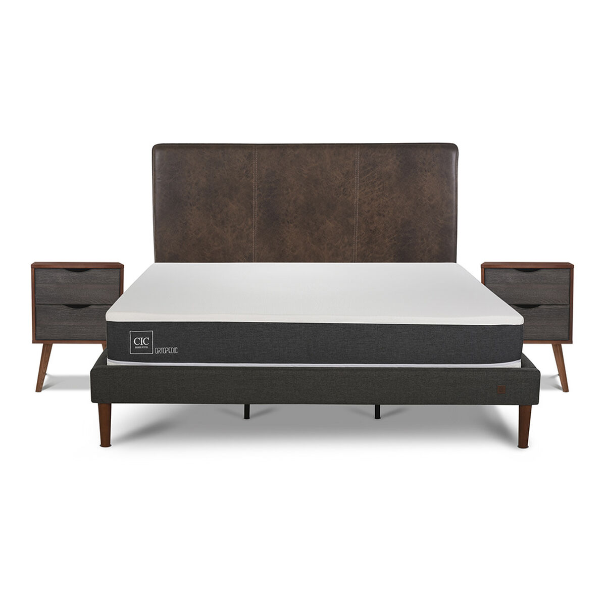 Cama Europea CIC King New Ortopedic + Respaldo Baker + 2 Veladores