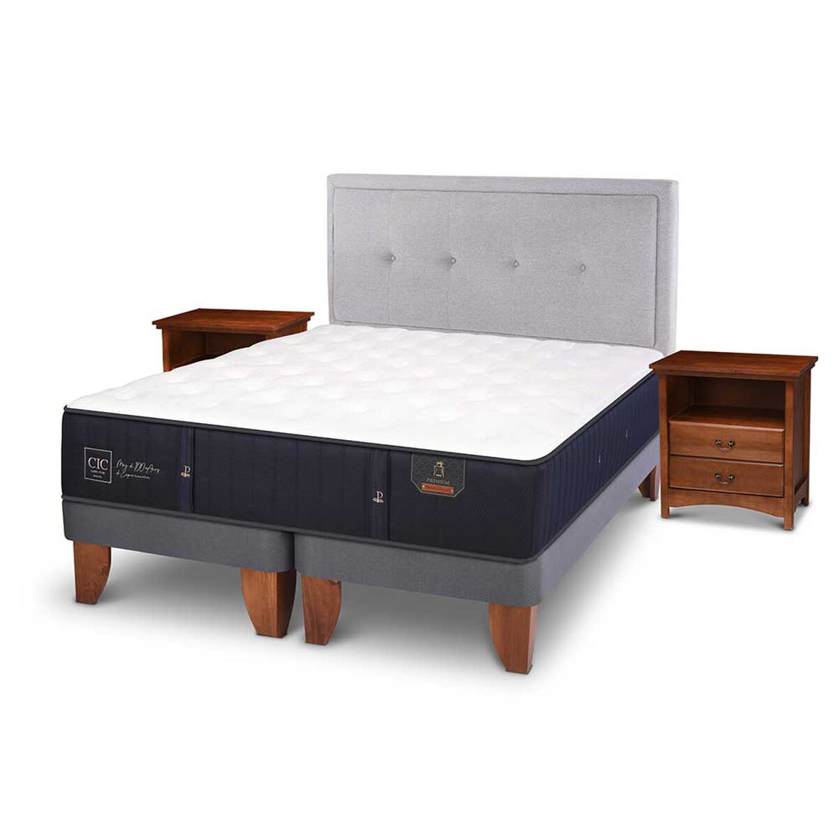Cama Europea CIC Base Dividida 2 Plazas Premium + Respaldo + 2 Veladores Ganges