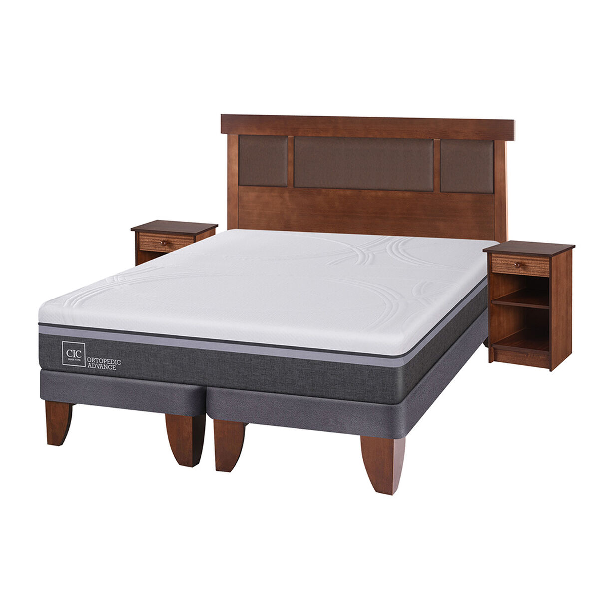 Cama Europea CIC Base Dividida 2 Plazas Ortopedic Advance + Respaldo + 2 Veladores Dublin Caramel