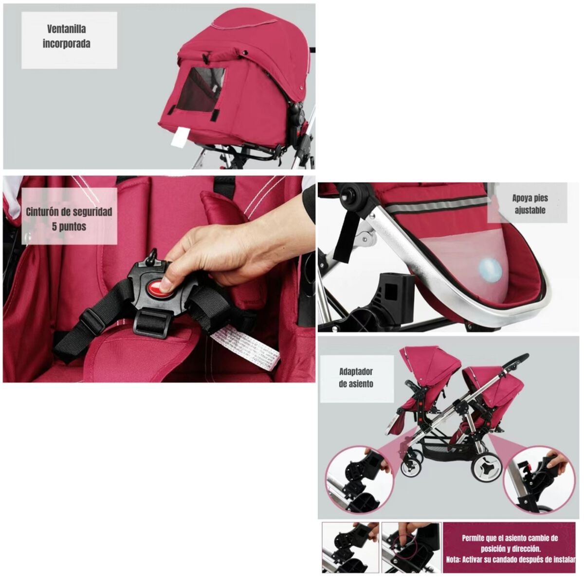 Coche Doble Duo Reclinable 6 Modos En 1 LuBabycas Gris