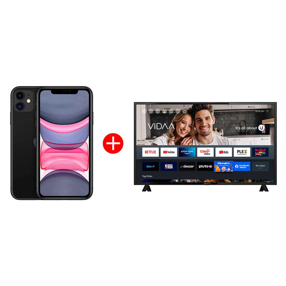 Combo Celular Apple iPhone 11 64GB 6,1" Negro Wom + LED 43” Master-G MGV43 Smart TV FHD