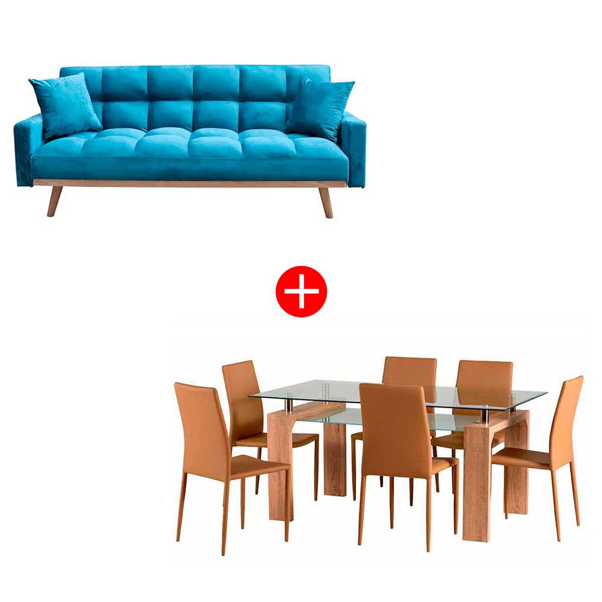 Combo Sofá Cama Zibel Batik Azul 3 Cuerpos + Juego de Comedor Bristol 6 Sillas