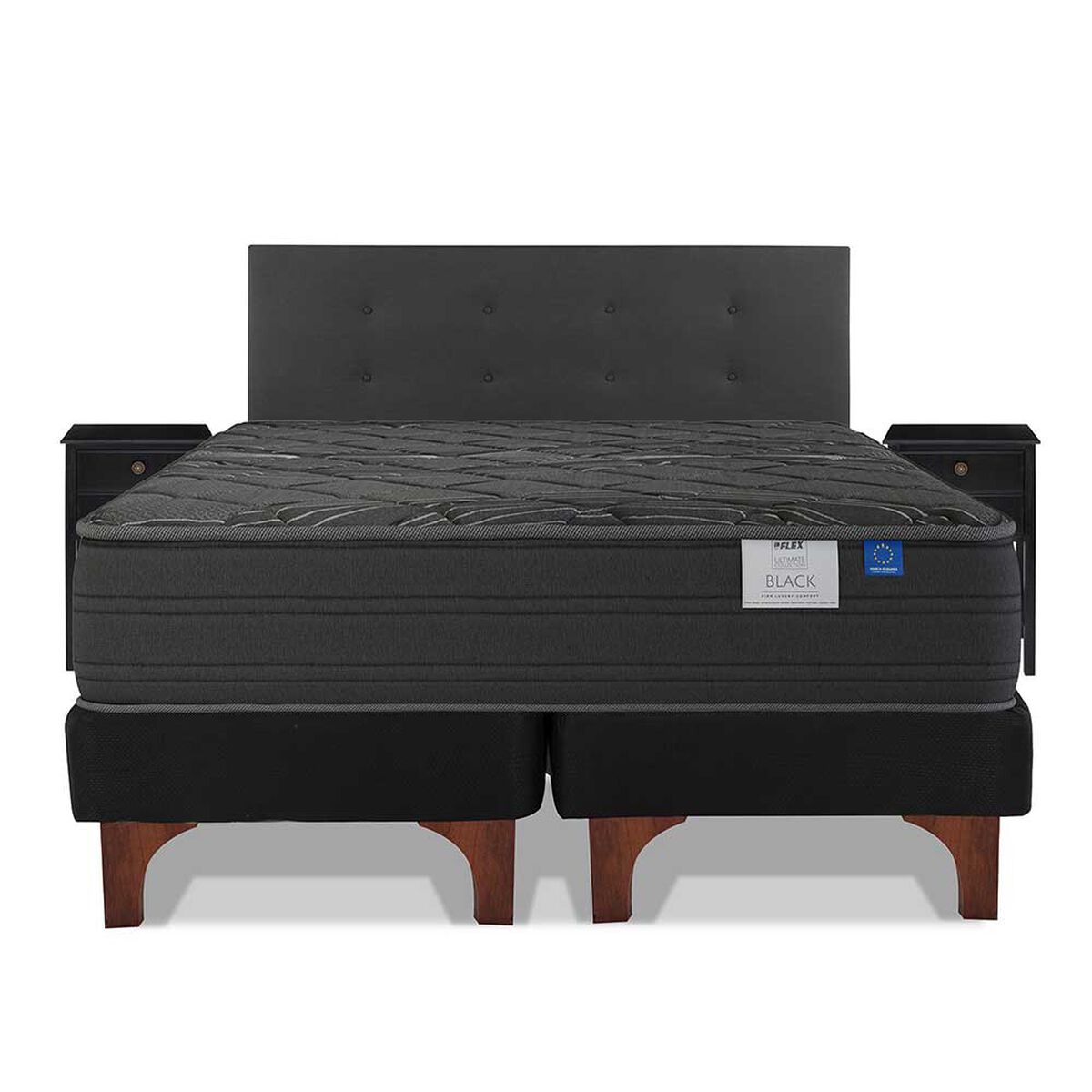 Cama Europea Flex Base Dividida King Black + Respaldo Royal + 2 Veladores Rover