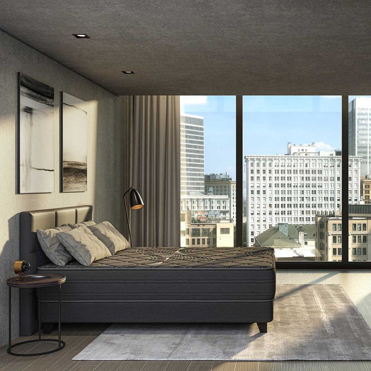 Cama Europea Flex Base Dividida King Black + Respaldo Design Grafito + 2 Veladores Rover