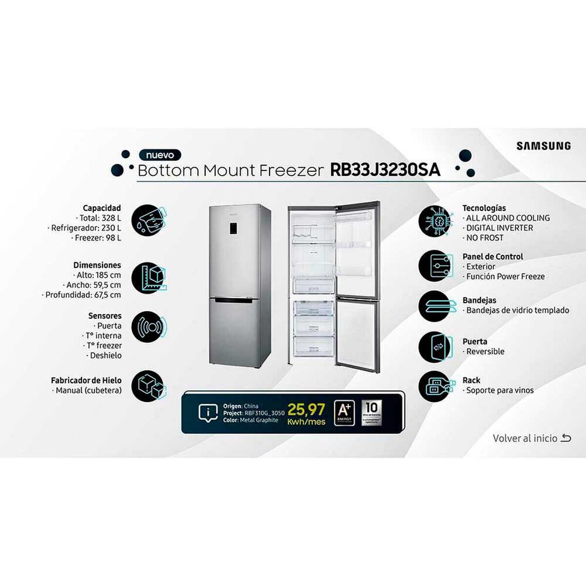 Refrigerador No Frost Samsung RB33J3230SA/ZS 328 lts.