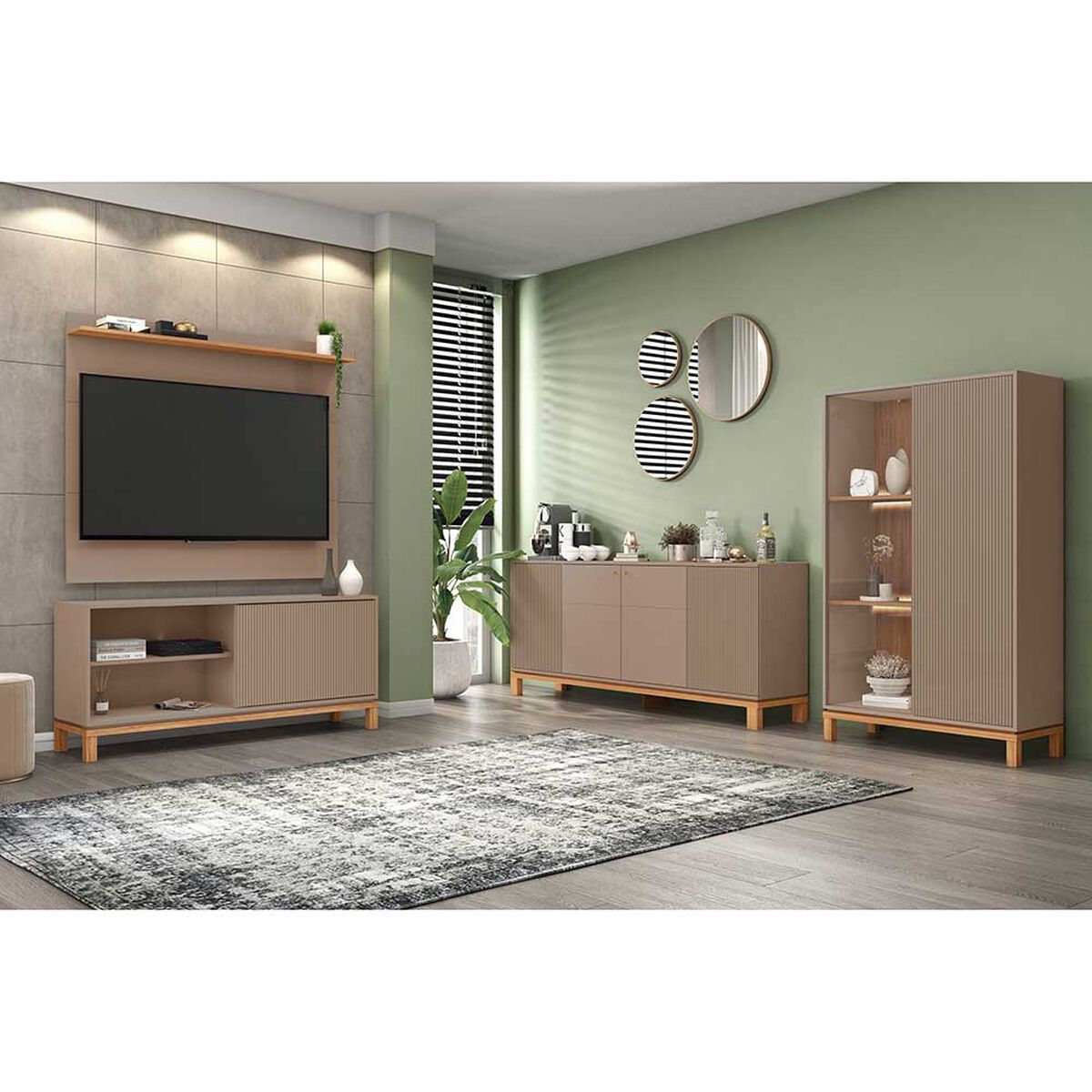 Panel TV 65" + Rack TV 55" + Vitrina + Buffet Decocasa Mondrian Gris