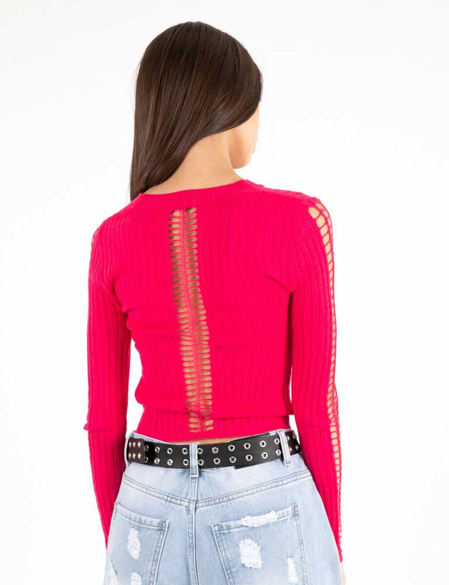 Sweater Liso Mangas Y Espalda Tejida Cuello Redondo Mujer Icono