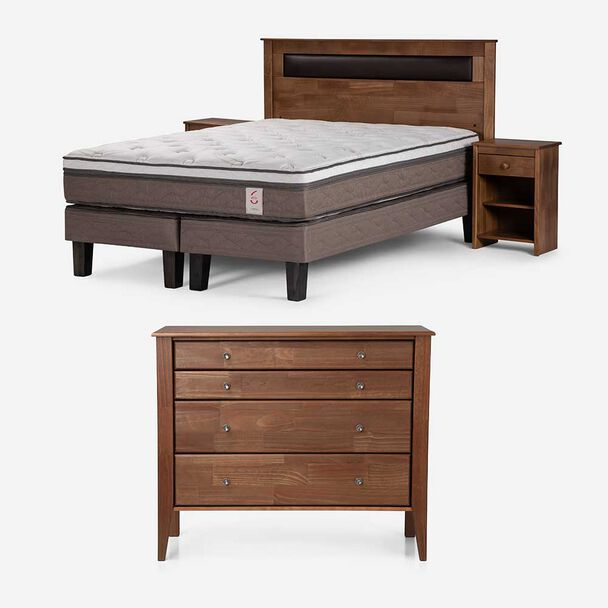 Cama Europea Rosen 2 Plazas Ergo T + Respaldo + 2 Veladores Ferrera + Cómoda Baker