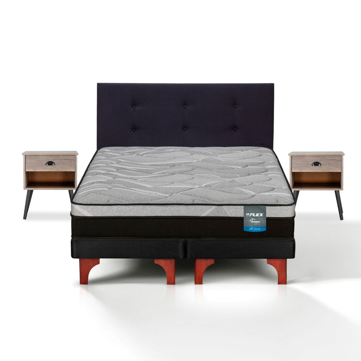 Cama Europea Flex 2 Plazas Dream Pro Box B/D + Respaldo Royal Negro + Velador Rock