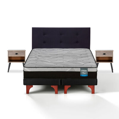 Cama Europea Flex 2 Plazas Dream Pro Box B/D + Respaldo Royal Negro + Velador Rock