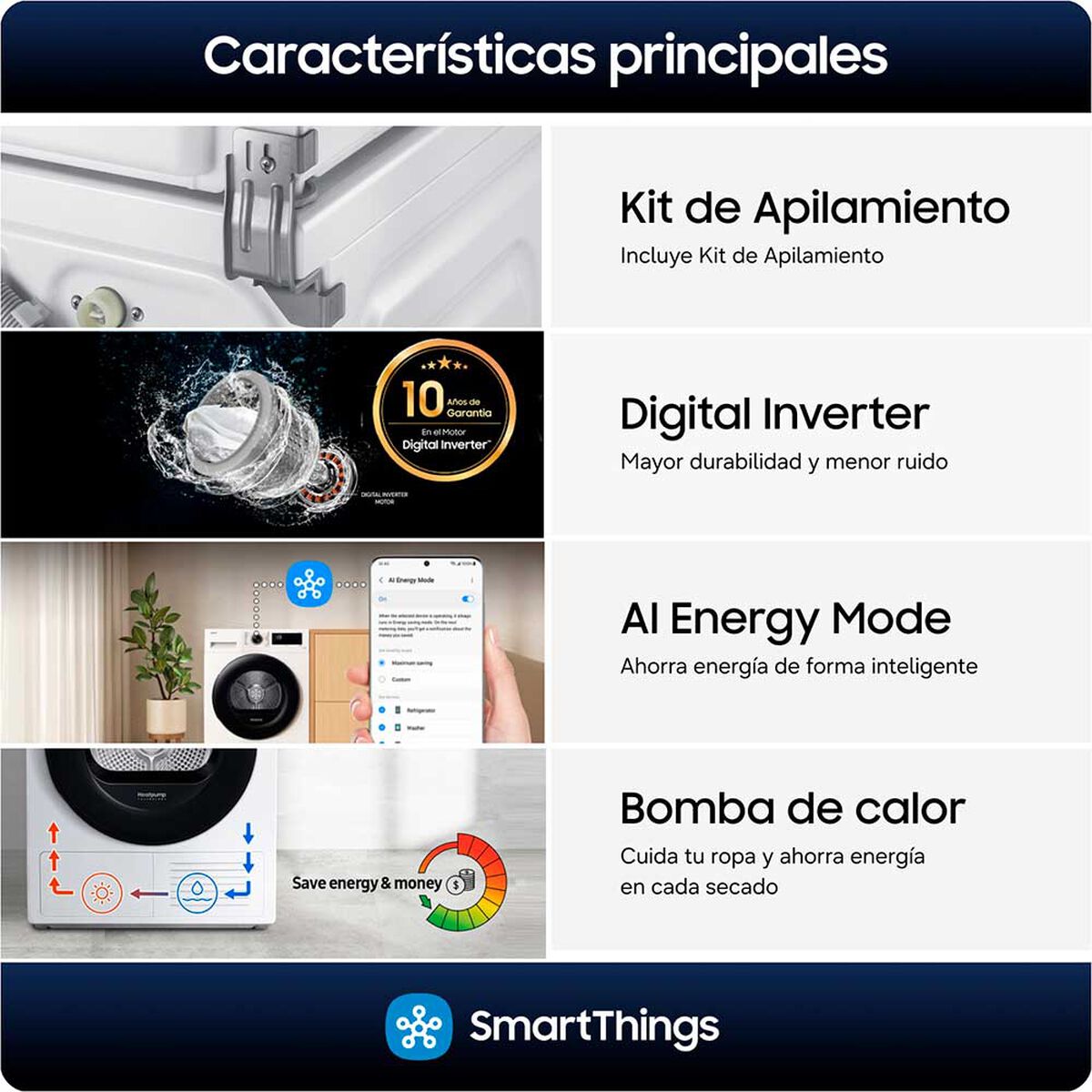 Lavadora Carga Frontal Samsung12 kg + Secadora Bomba de Calor con SmartThings 9kg + Kit apilamiento