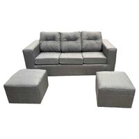 Juego de Living Kea Nize Sofá 3 Cuerpos + Dos Pouf Tela Gris