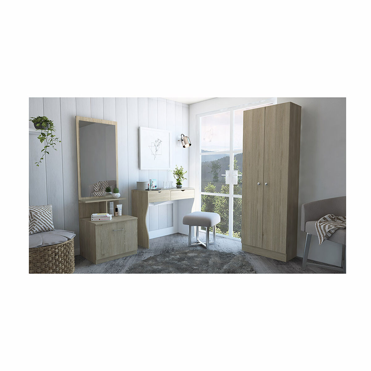Clóset 2 Puertas + Mueble Tocador + Velador con Espejo TuHome Perla