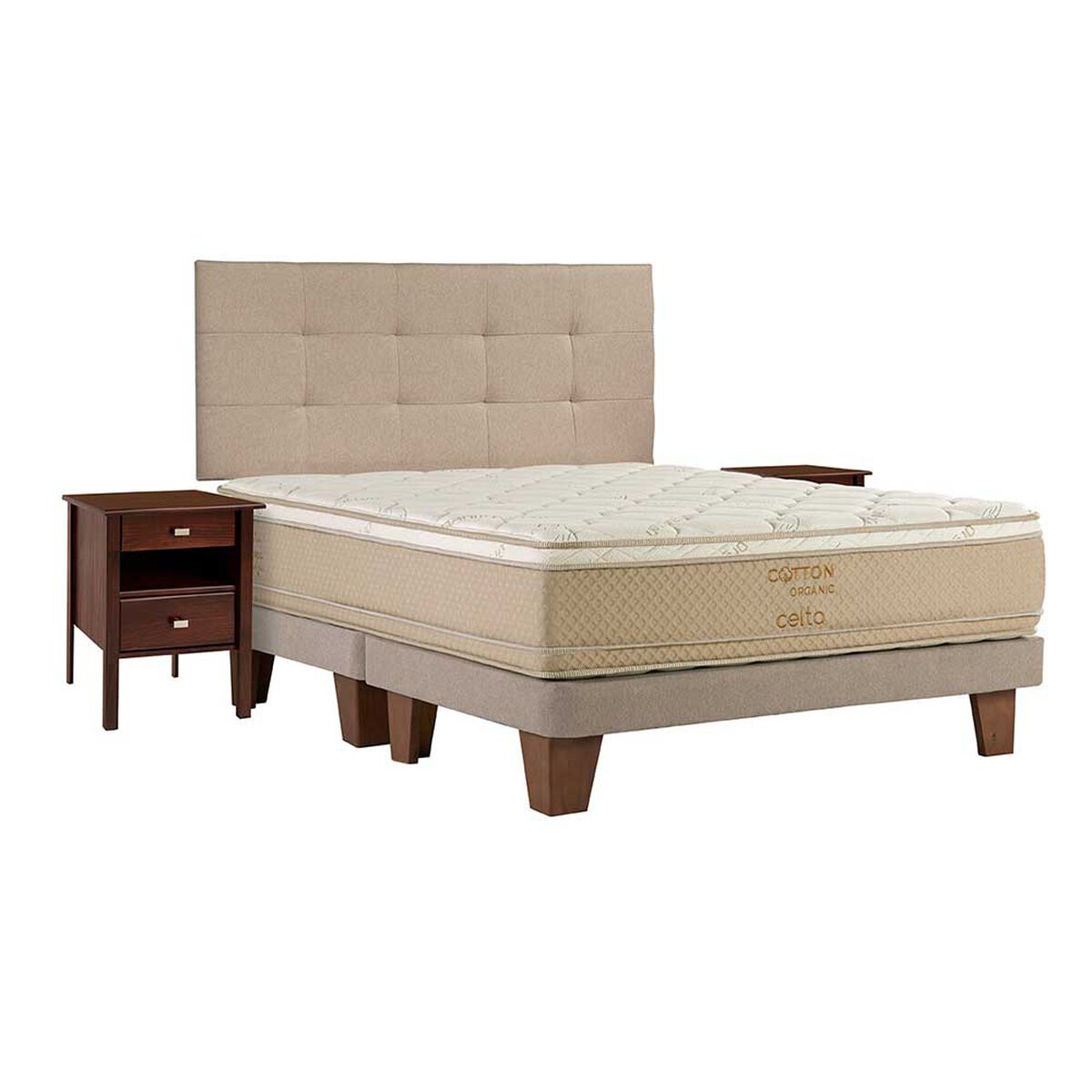 Cama Europea Celta Base Dividida King Cotton Organic + Respaldo + 2 Veladores