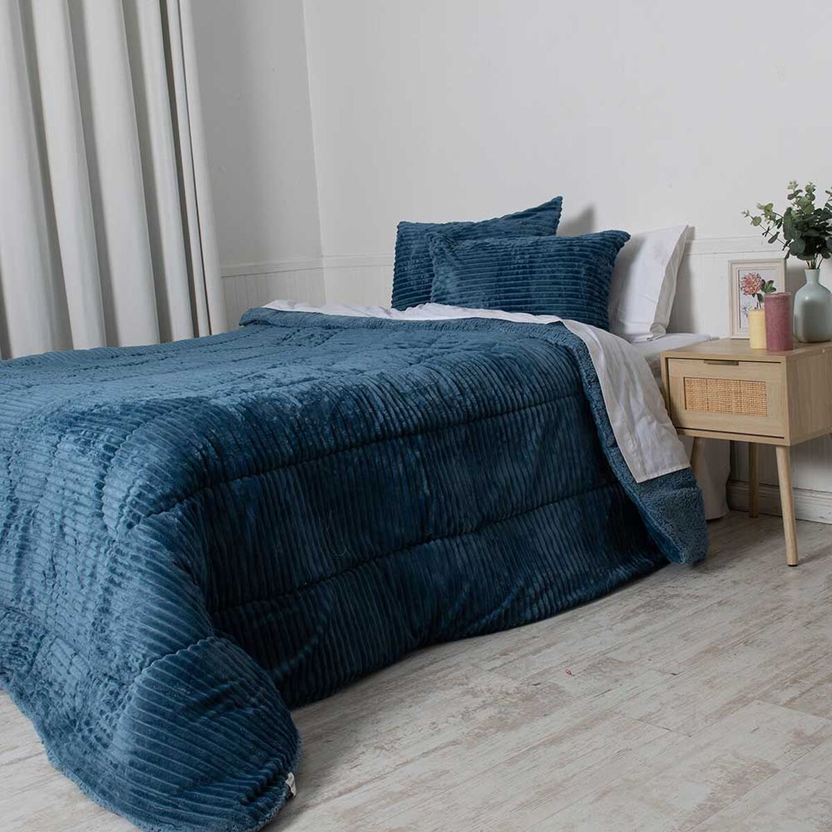 Plumón Liso Mashini 1,5 Plazas Corduroy Coral Sherpa Azul