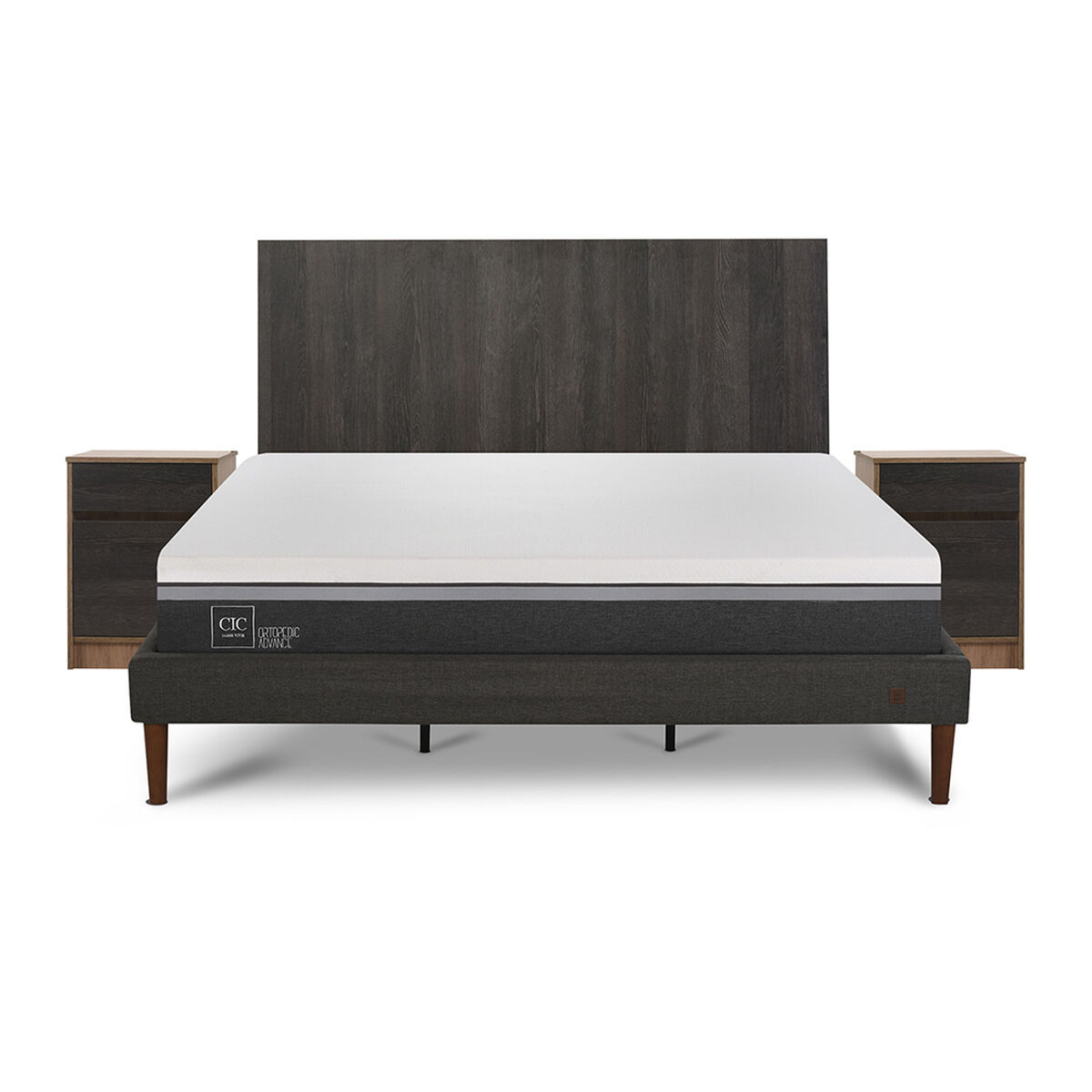 Cama Europea CIC King Ortopedic Advance + Respaldo Espresso + 2 Veladores