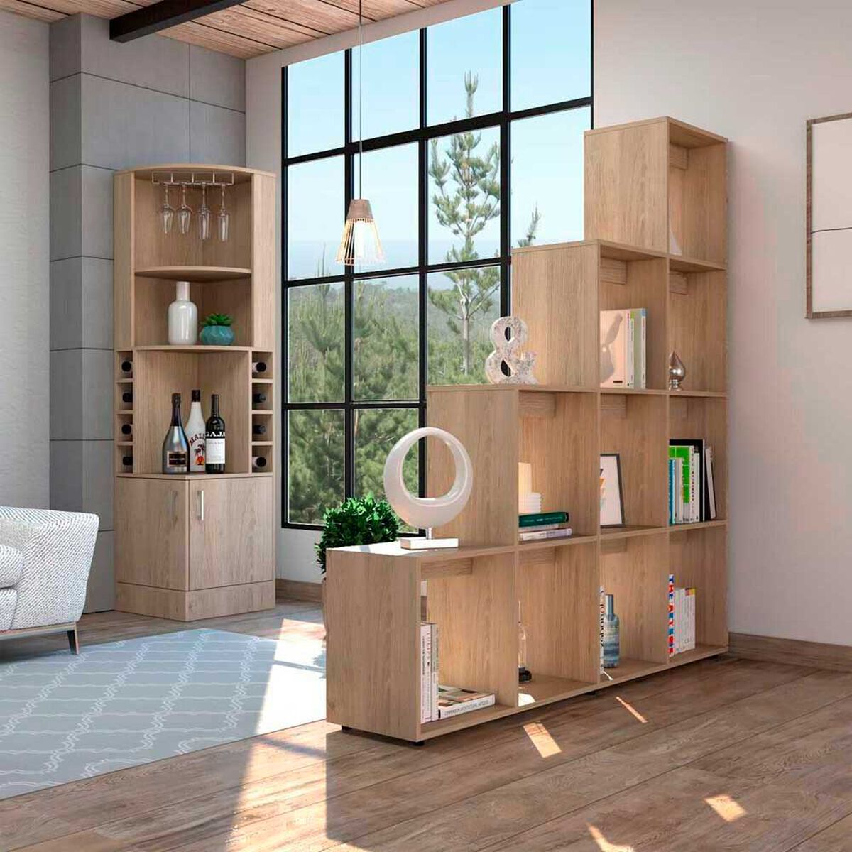 Combo Bar Esquinero + Biblioteca TuHome Beijing Rovere