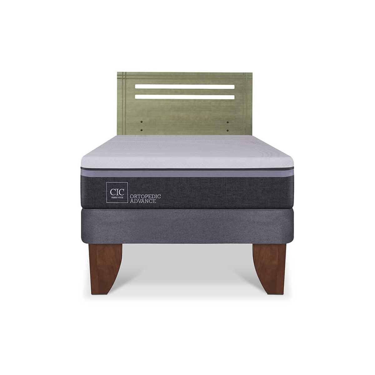 Cama Europea CIC 1,5 Plazas Ortopedic Advance + Respaldo Munich Olivo